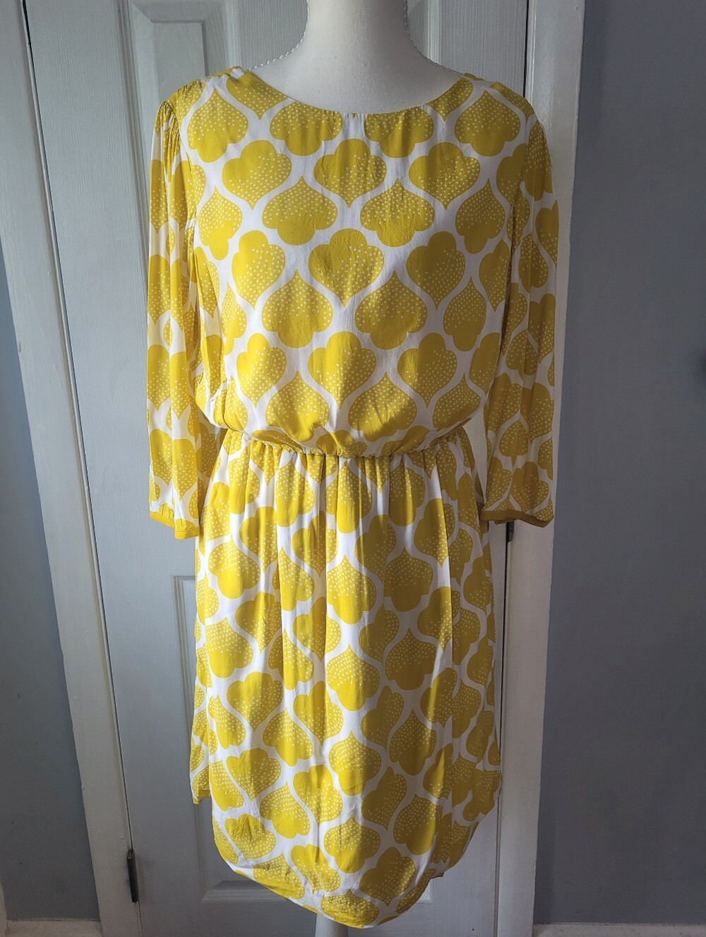 Boden Golden Yellow Quatrefoil Print 3/4 Sleeve Dress US 10 Petite Feminine
